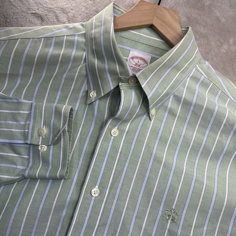 Brooks Brothers 346 Long Sleeve Green Striped Mens L Supima Cotton Non-iron